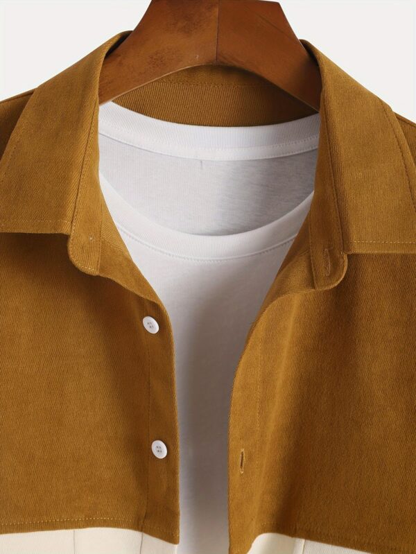 Men's Color Block Casual Jacket with Dual Pockets - Stylish Polyester Blend, Button-Up Shacket for Spring/Fall, Orange/Navy/Beige, Transitional Weather Wear|Color Block Jacket|Dual Pocket Design - Image 3