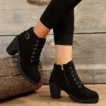 Women's Chunky Heel Short Boots, Fashion Lace Up Side Zipper Boots, Comfortable Ankle Boots