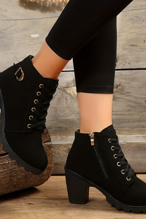 Women’s Chunky Heel Short Boots, Fashion Lace Up Side Zipper Boots, Comfortable Ankle Boots