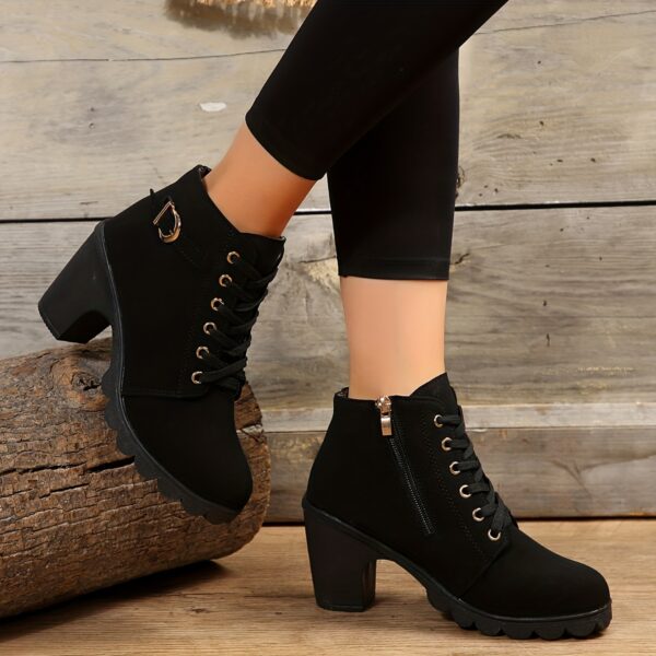Women's Chunky Heel Short Boots, Fashion Lace Up Side Zipper Boots, Comfortable Ankle Boots