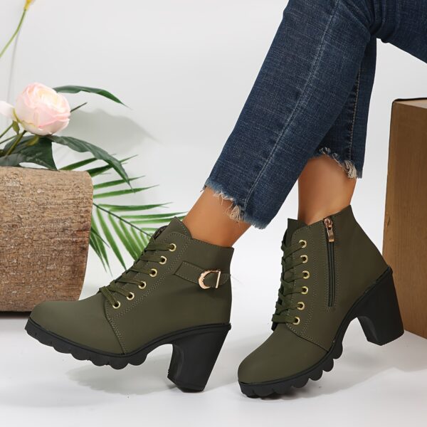 Women's Chunky Heel Short Boots, Fashion Lace Up Side Zipper Boots, Comfortable Ankle Boots - Image 5