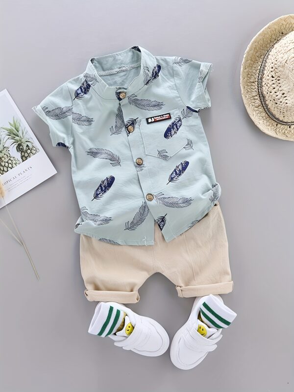 Toddler Summer Feather Print Shirt Shorts Set, for Outdoor - Image 2