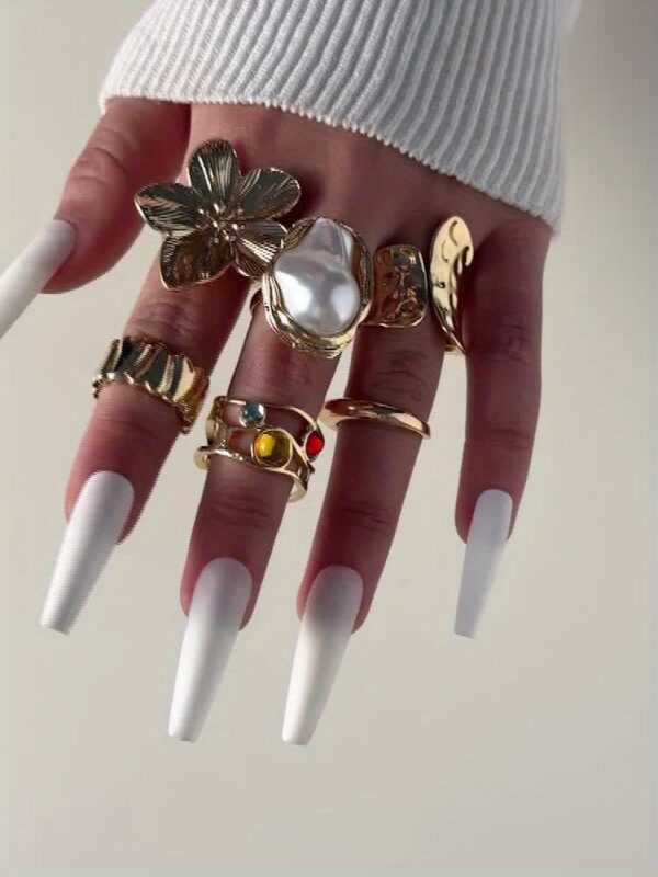 6pcs set of fashionable and flower-set Rhinestone rings, metal geometric irregular opening ring sets suitable for parties and gifts for friends - Image 7