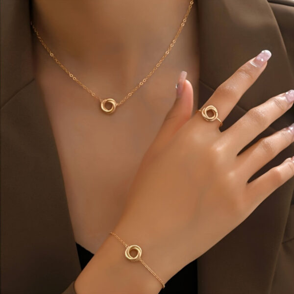 3-Piece Elegant Twisted Flower Circle Jewelry Set for Women, Iron Crafted, Versatile for Daily Wear, Necklace, Bracelet, and Ring Combo - Image 6