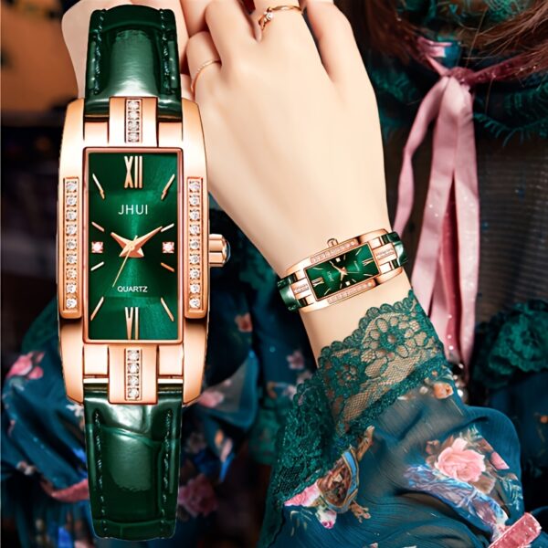 Rhinestone Decor Quartz Watch Elegant Rectangular Pointer Roman Numeral Dial Wristwatch With PU Leather Watchband - Image 4