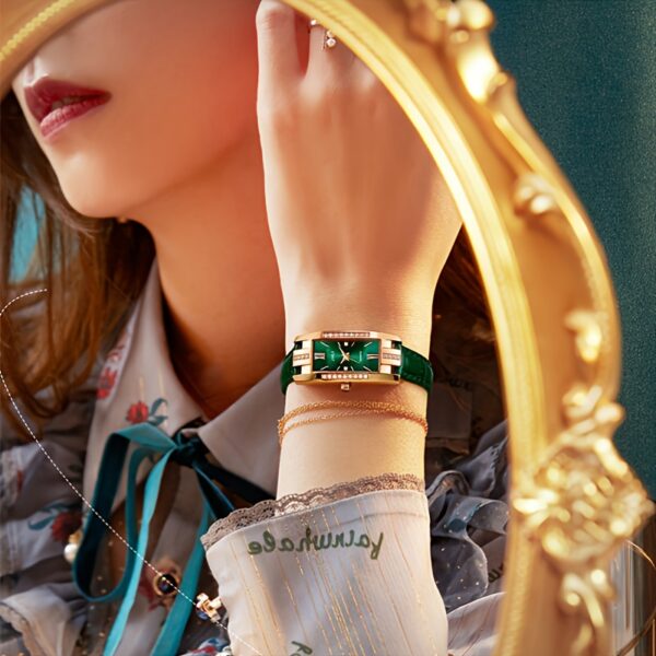 Rhinestone Decor Quartz Watch Elegant Rectangular Pointer Roman Numeral Dial Wristwatch With PU Leather Watchband - Image 2