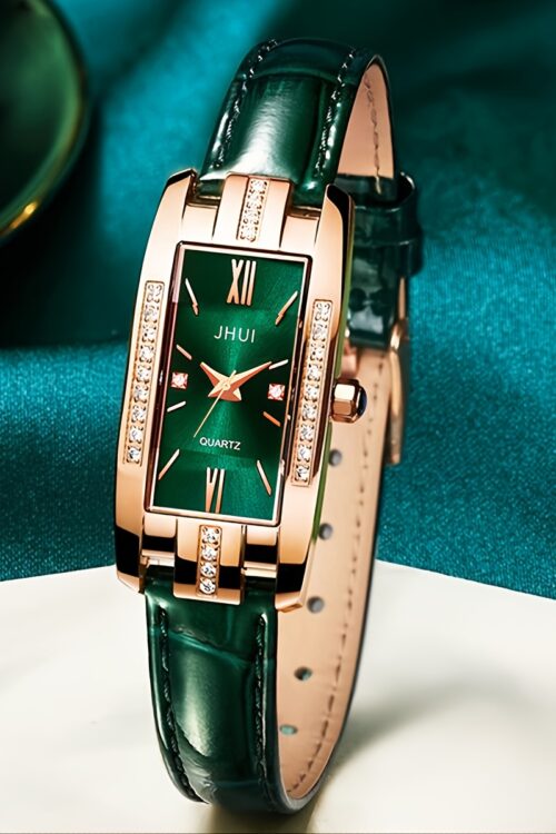 Rhinestone Decor Quartz Watch Elegant Rectangular Pointer Roman Numeral Dial Wristwatch With PU Leather Watchband