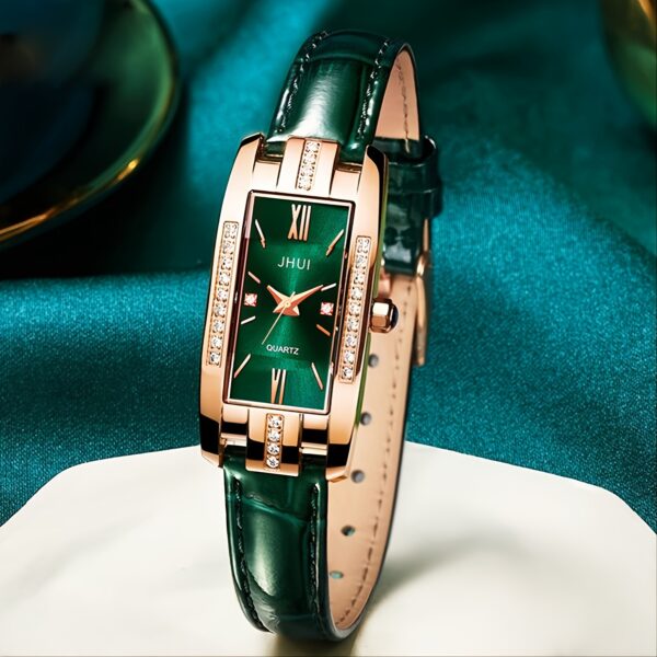 Rhinestone Decor Quartz Watch Elegant Rectangular Pointer Roman Numeral Dial Wristwatch With PU Leather Watchband