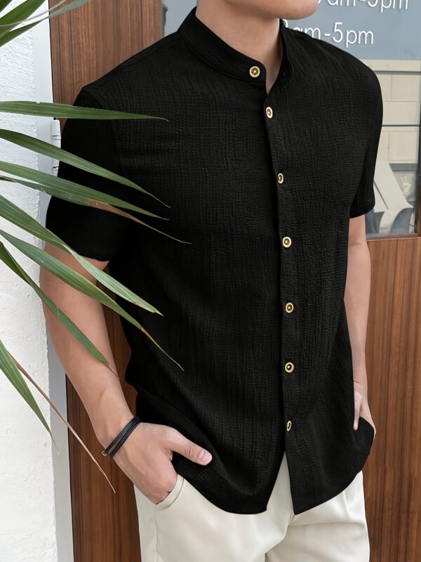 Men'S Lightweight Summer Casual Shirt - Solid Color Beige, Short Sleeve, Stand Collar, Button-Up, Breathable Woven Fabric for Outdoor & Weekend Wear, Relaxed Fit Shirt | Classic Collar Shirt | Durable Fabri - Image 2
