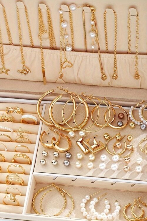 91pcs/114pcs Fashion Minimalist Luxury Metal Wind Hoop Earrings Set Hollow Layered Flower Ring Rhinestone Butterfly Bead Faux Imitation Pearl Pendant Necklace Beaded Bracelet Box Women’s Jewelry Set for s Daily Party Friendship Birthday Gift No Box