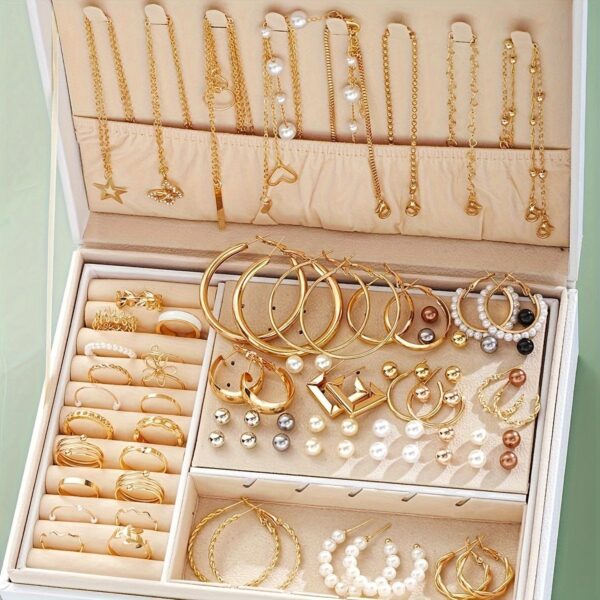 91pcs/114pcs Fashion Minimalist Luxury Metal Wind Hoop Earrings Set Hollow Layered Flower Ring Rhinestone Butterfly Bead Faux Imitation Pearl Pendant Necklace Beaded Bracelet Box Women's Jewelry Set for s Daily Party Friendship Birthday Gift No Box