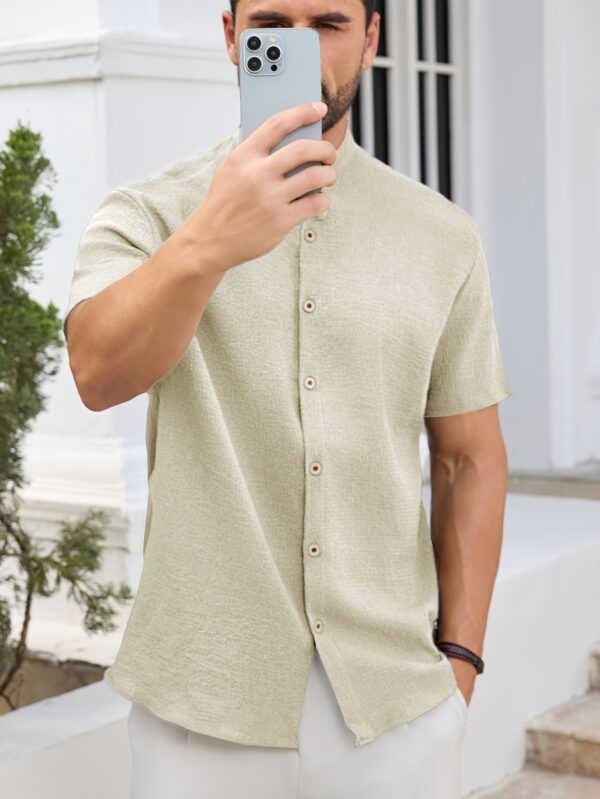 Men'S Lightweight Summer Casual Shirt - Solid Color Beige, Short Sleeve, Stand Collar, Button-Up, Breathable Woven Fabric for Outdoor & Weekend Wear, Relaxed Fit Shirt | Classic Collar Shirt | Durable Fabri - Image 7