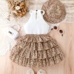 Girls' 3pcs Vintage Leopard Print Outfit Set - Sleeveless Cotton Blend Bandeau Top, Tiered Skirt, and Matching Hat - Casual Summer Wear for Kids with Frill Details - Image 4