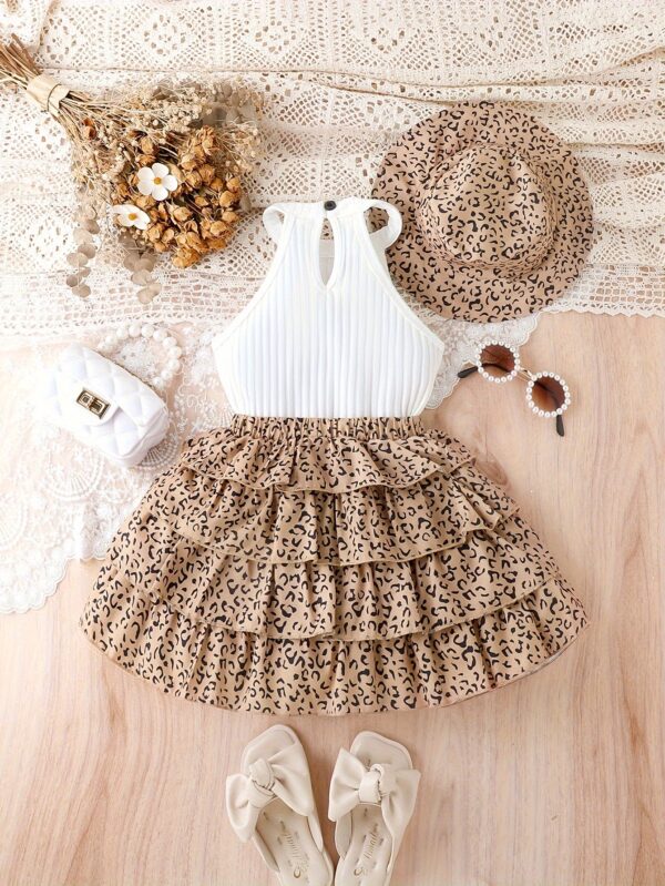 Girls' 3pcs Vintage Leopard Print Outfit Set - Sleeveless Cotton Blend Bandeau Top, Tiered Skirt, and Matching Hat - Casual Summer Wear for Kids with Frill Details - Image 4