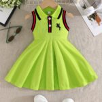 Toddler Sleeveless A-Line Dress - Vibrant Green with Black & White Striped Design, Button-Up Collar, Perfect for Summer Outdoor Activities, Youngsters' Fashion, Casual Wear|Sporty Style|Strapless Design, Youngsters Dress