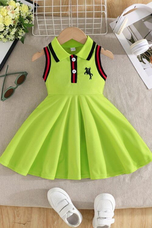Toddler Sleeveless A-Line Dress – Vibrant Green with Black & White Striped Design, Button-Up Collar, Perfect for Summer Outdoor Activities, Youngsters’ Fashion, Casual Wear|Sporty Style|Strapless Design, Youngsters Dress