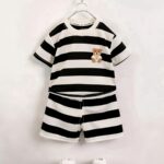 2pcs Boys Fashion Black And White Striped Breathable Short Sleeve Round Neck Shirt With Cartoon Bear Patch & Shorts Set For Summer Daily & Outdoor Wear
