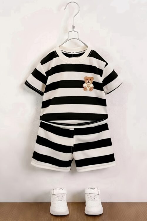2pcs Boys Fashion Black And White Striped Breathable Short Sleeve Round Neck Shirt With Cartoon Bear Patch & Shorts Set For Summer Daily & Outdoor Wear