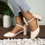 Women'S Elegant French-Inspired Mid-Heel Sandals with Ankle Strap & Bow Detail - Chic Pointed Toe Block Heel Pumps for Spring/Summer, Versatile & Fashionable Hollow Cutouts, Strappy Sandals - Image 2