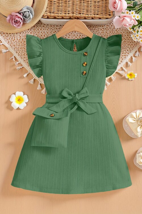 Elegant Green Ruffled Sleeve Dress for Girls with Bow Detail & Button Accents – Crew Neck, Non-Stretch Polyester, Machine Washable – Perfect for Summer Parties & Casual Outings, Girls Long Sleeve Dresses