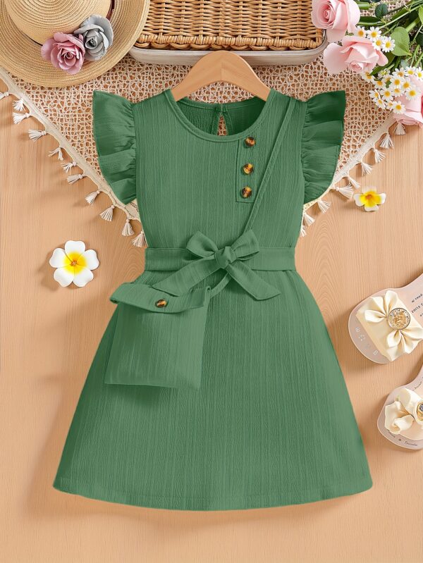 Elegant Green Ruffled Sleeve Dress for Girls with Bow Detail & Button Accents - Crew Neck, Non-Stretch Polyester, Machine Washable - Perfect for Summer Parties & Casual Outings, Girls Long Sleeve Dresses