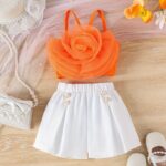 Little Girl's Sweet & Trendy 3D Rose Floral Camisole + Shorts 2-piece Set Party Summer Outdoor Activities