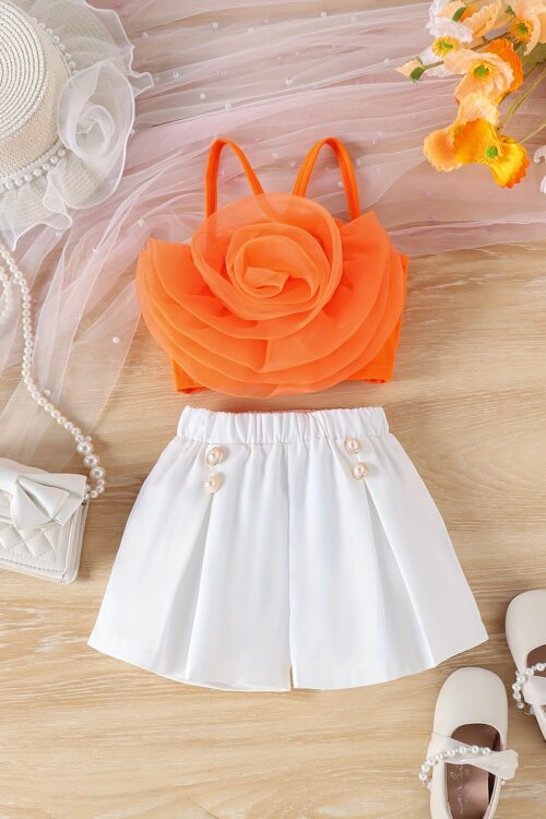 Little Girl’s Sweet & Trendy 3D Rose Floral Camisole + Shorts 2-piece Set Party Summer Outdoor Activities