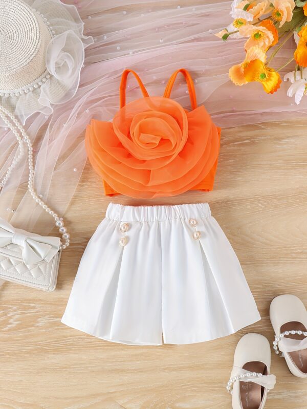 Little Girl's Sweet & Trendy 3D Rose Floral Camisole + Shorts 2-piece Set Party Summer Outdoor Activities
