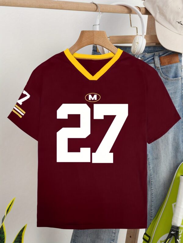 Women's V-Neck Short Sleeve Casual Letter & Number Print Loose Comfort Fashion T-Shirt - Maroon with Golden Accents, Lightweight Polyester, Perfect for Summer Style, Summer Tshirt | Casual Fashion | Polyester Fabric, Ladies T Shirts - Image 3