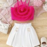 Little Girl's Sweet & Trendy 3D Rose Floral Camisole + Shorts 2-piece Set Party Summer Outdoor Activities - Image 3