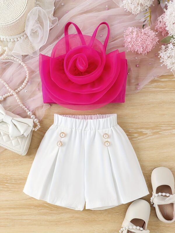 Little Girl's Sweet & Trendy 3D Rose Floral Camisole + Shorts 2-piece Set Party Summer Outdoor Activities - Image 3
