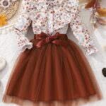 Elegant Floral Print Long Sleeve Dress with Belt - Mint Green Turned-Collar, Tulle Skirt, Perfect for Fall/Winter, Toddler Fashion, Toddler Fashion Outfit | Floral Print Dress | Glossy Fabric, Floral Print Blouse - Image 6