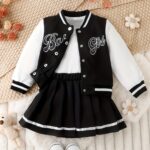 Preppy Style Girls 2pcs BABY GIRL Print Baseball Jacket + Pleated Skirt Outdoor Set For Party Sports Gift - Image 2