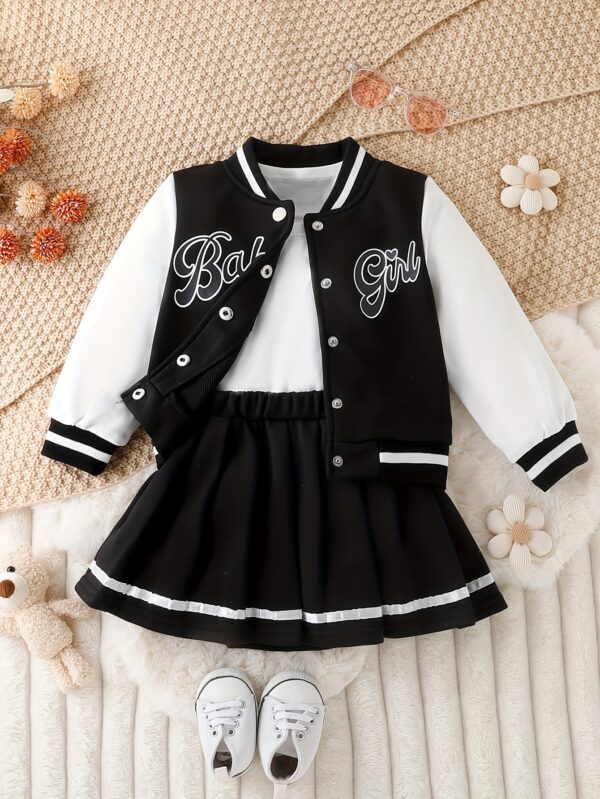 Preppy Style Girls 2pcs BABY GIRL Print Baseball Jacket + Pleated Skirt Outdoor Set For Party Sports Gift - Image 2