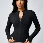 High-Elasticity Slim-Fit Yoga Top - Stand Collar Zipper Front Long Sleeve Workout Shirt, Peach Solid Color Non-See-Through Fabric for Yoga, Gym & Casual Wear, Machine Washable, Formfitting Design, Highelasticity Material - Image 5