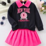 Two-piece Set for Girls: Fashionable Letter Random Print with Turnover Collar Regular Long Sleeve Top + Pleated Edge Solid Color Regular Short Skirt Length and Thigh Spring and Autumn Casual Half Skirt Set - Image 3