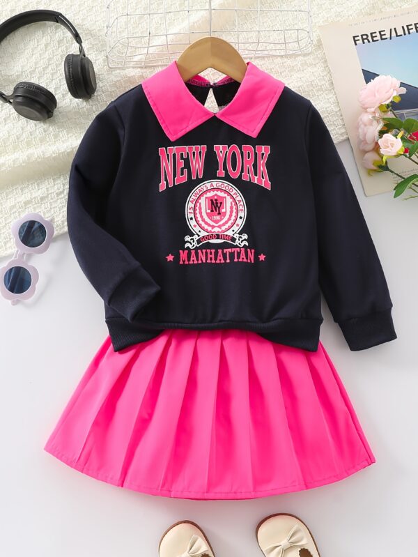 Two-piece Set for Girls: Fashionable Letter Random Print with Turnover Collar Regular Long Sleeve Top + Pleated Edge Solid Color Regular Short Skirt Length and Thigh Spring and Autumn Casual Half Skirt Set - Image 3