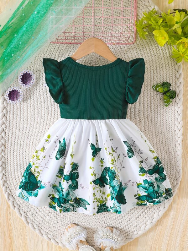 Girls' Spring/Summer Ruffled Sleeve Dress with Bow Detail and Elastic Waistband - Green Butterfly Print on White, Knee-Length, Machine Washable - Image 3