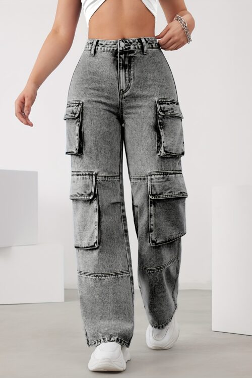 Women’s High-Waisted Cargo Denim Jeans – Loose Fit, Stretch Blend, Utility Pockets, Light Wash, Comfortable & Stylish for Casual Attire