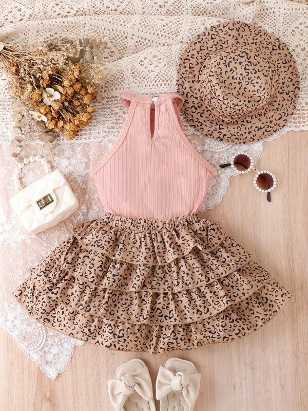 Girls' 3pcs Vintage Leopard Print Outfit Set - Sleeveless Cotton Blend Bandeau Top, Tiered Skirt, and Matching Hat - Casual Summer Wear for Kids with Frill Details - Image 5