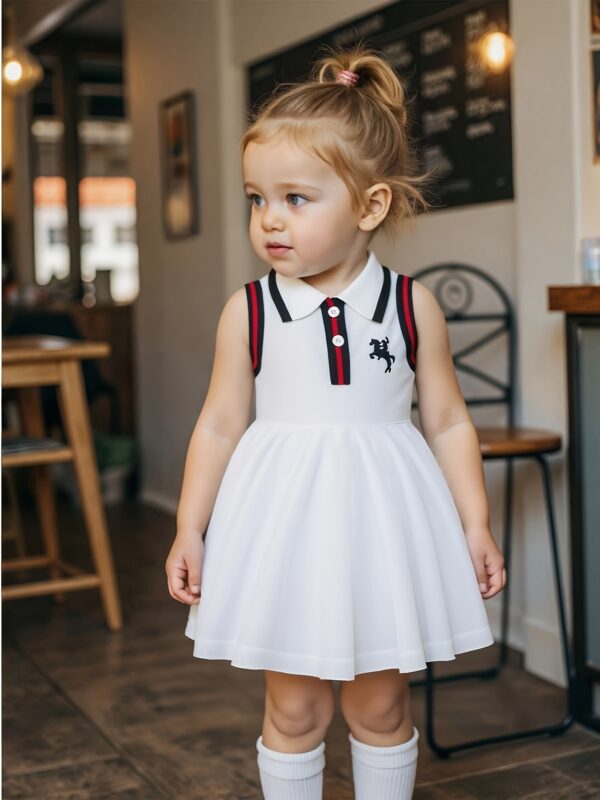 Toddler Sleeveless A-Line Dress - Vibrant Green with Black & White Striped Design, Button-Up Collar, Perfect for Summer Outdoor Activities, Youngsters' Fashion, Casual Wear|Sporty Style|Strapless Design, Youngsters Dress - Image 4