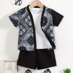 Boys' Polyester V-Neck Floral Print Casual Short Sleeve Shirt with Matching Shorts Set for Spring/Summer - Woven Loose Fit Outfit, for Outdoor - Image 7