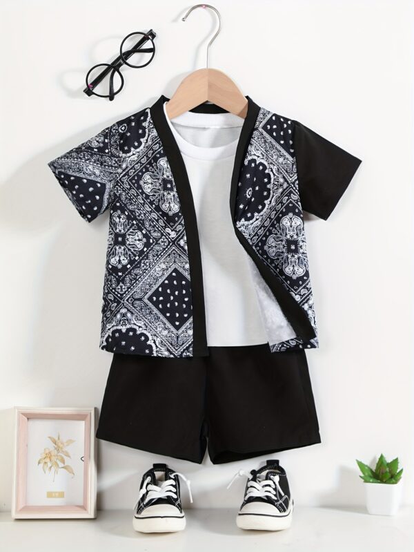 Boys' Polyester V-Neck Floral Print Casual Short Sleeve Shirt with Matching Shorts Set for Spring/Summer - Woven Loose Fit Outfit, for Outdoor - Image 7