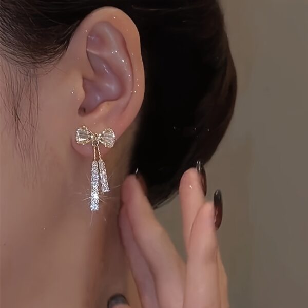 Elegant Bowknot Dangle Earrings with Sparkling Zirconia - Chic Alloy Fashion Jewelry for Women, Perfect for Daily Wear & Special Occasions - Image 3