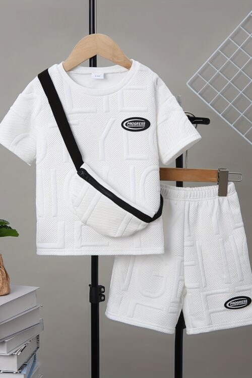 Men’s and Youngsters’s Summer Set of 3pcs with Solid Color Embossed Letters, Full Body Ribbed Collar Casual Short Sleeve Top + Motorcycle Small Satchel Bag + Solid Color Striped Fashion Shorts Trendy Handsome Casual Outing First Choice, Perfect for Outdoor