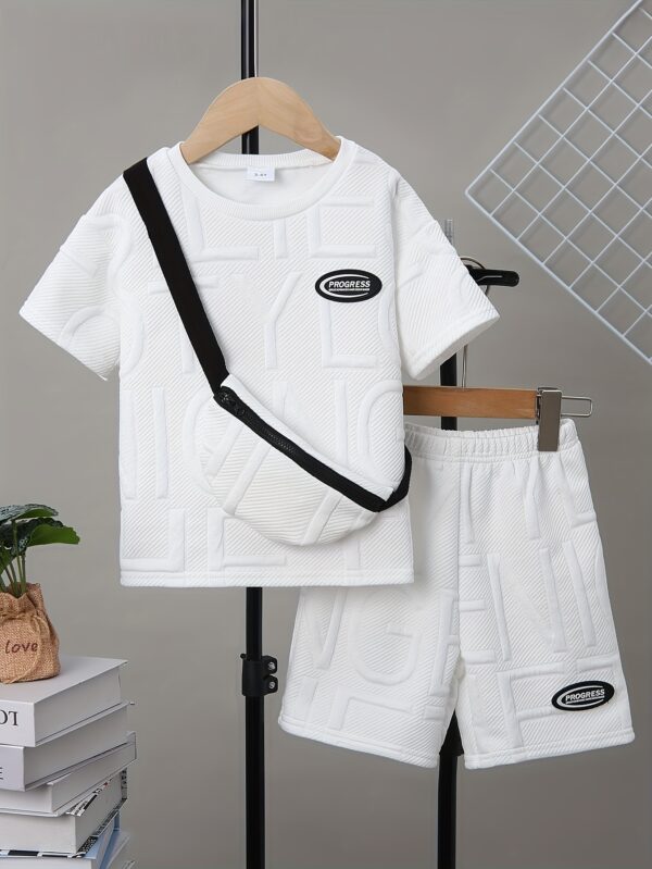 Men's and Youngsters's Summer Set of 3pcs with Solid Color Embossed Letters, Full Body Ribbed Collar Casual Short Sleeve Top + Motorcycle Small Satchel Bag + Solid Color Striped Fashion Shorts Trendy Handsome Casual Outing First Choice, Perfect for Outdoor