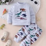 Noble Kids Boys' Dinosaur Print Long Sleeve Hoodie & Pants Set - Cozy Polyester, Machine Washable, Ideal for Fall/Winter, Cozy Playwear|Cute Baby Outfit|Easycare Fabric, Dinosaur Toys, Perfect for Outdoor