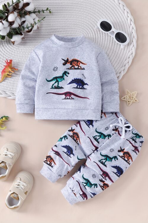 Noble Kids Boys’ Dinosaur Print Long Sleeve Hoodie & Pants Set – Cozy Polyester, Machine Washable, Ideal for Fall/Winter, Cozy Playwear|Cute Baby Outfit|Easycare Fabric, Dinosaur Toys, Perfect for Outdoor