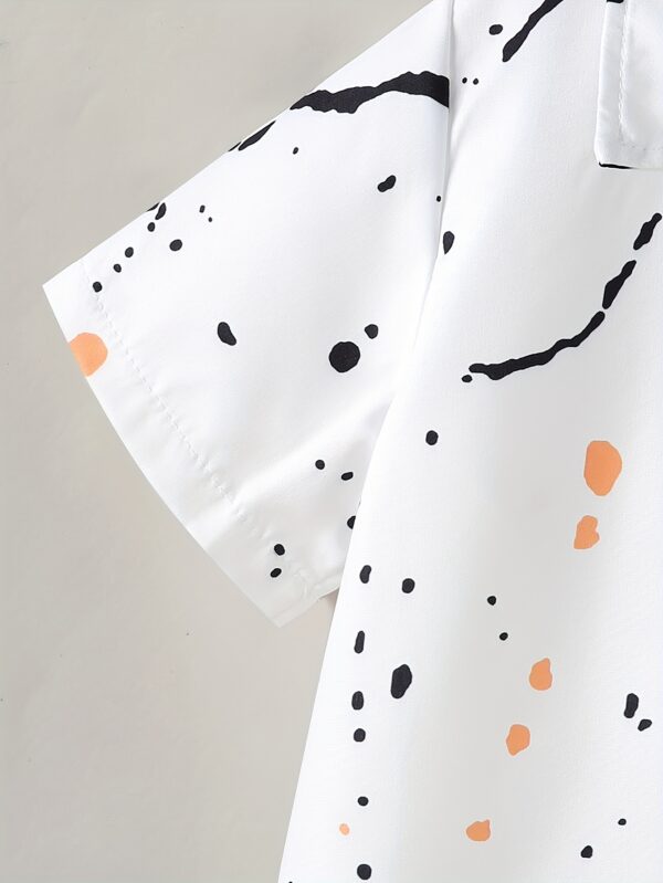 Summer Set for Boys with Splashed Ink Printed Short Sleeve Shirt + Plain Color Shorts - Image 6