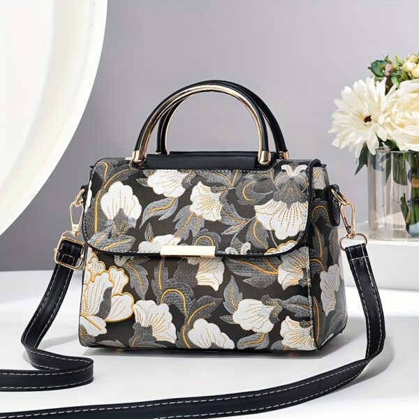 Floral Embroidered Crossbody Bag, Large Capacity with Zipper Closure, Polyester Lined, Versatile Commuter Handbag, Luxurious & Fashionable Design, Edge Paint Detail - Available in Black, Beige, Pink, Khaki, Green - Image 3